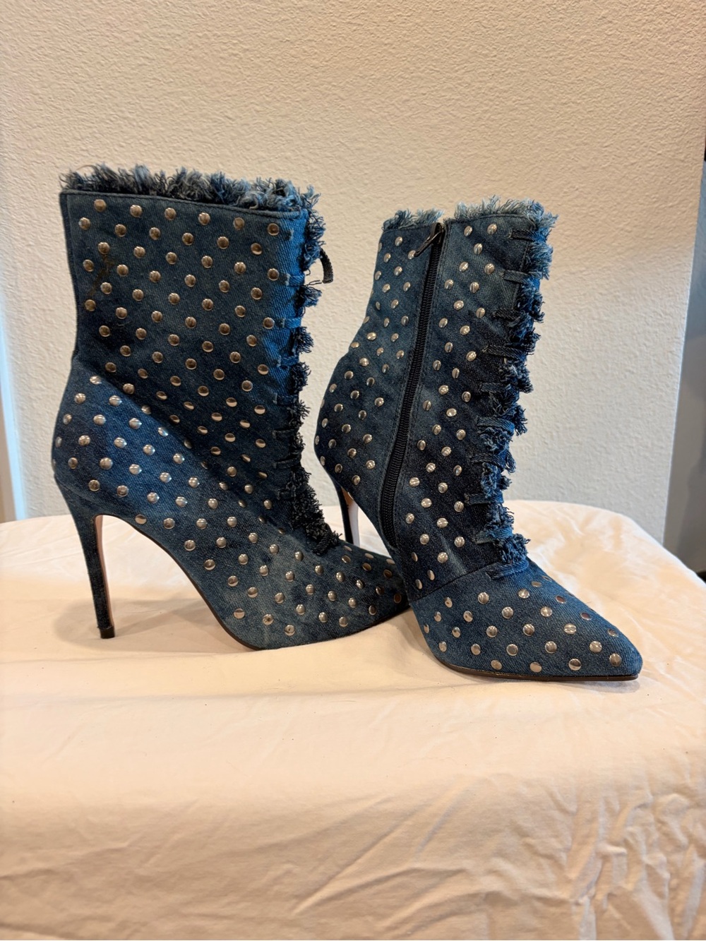 Denim Studded Stiletto Ankle Boots - Blue